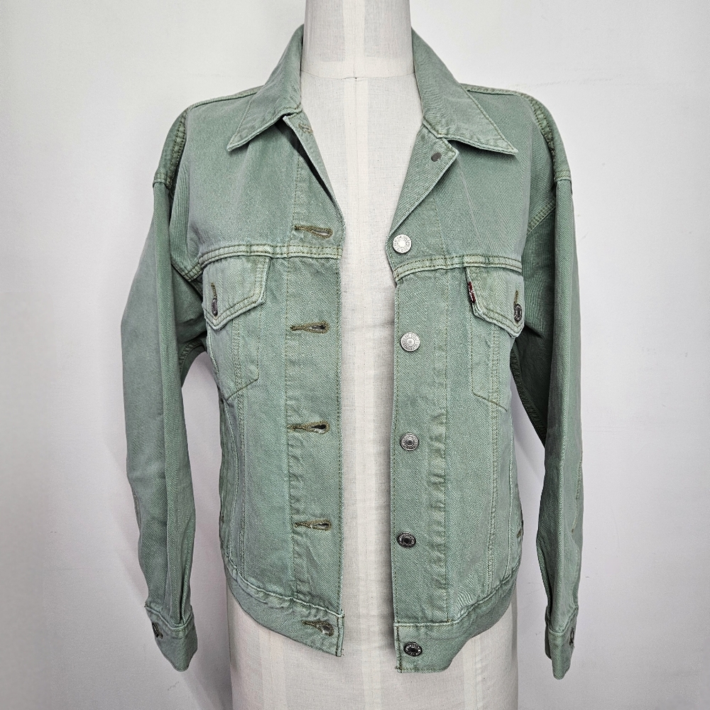 Levi's Size S/M Jean Jacket Ex-Boyfriend Trucker Sage Green Premium Denim Cotton - Picture 7 of 10